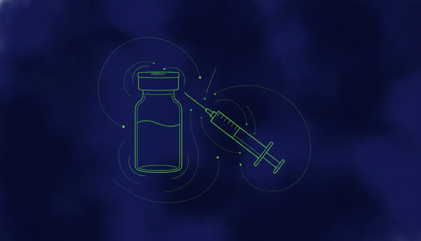 A minimalist illustration of a vaccine vial and syringe on a dark background.