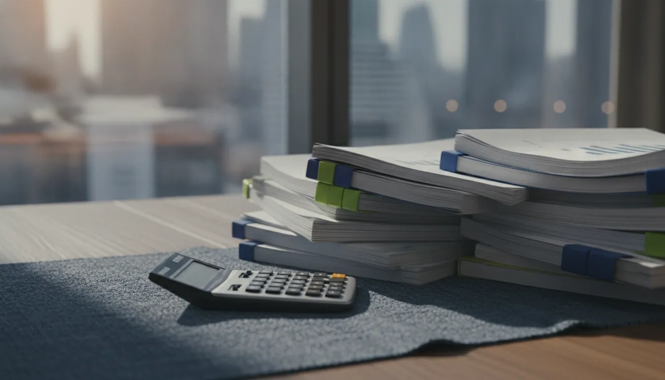 A stack of financial reports and a calculator on an office desk with a city view
