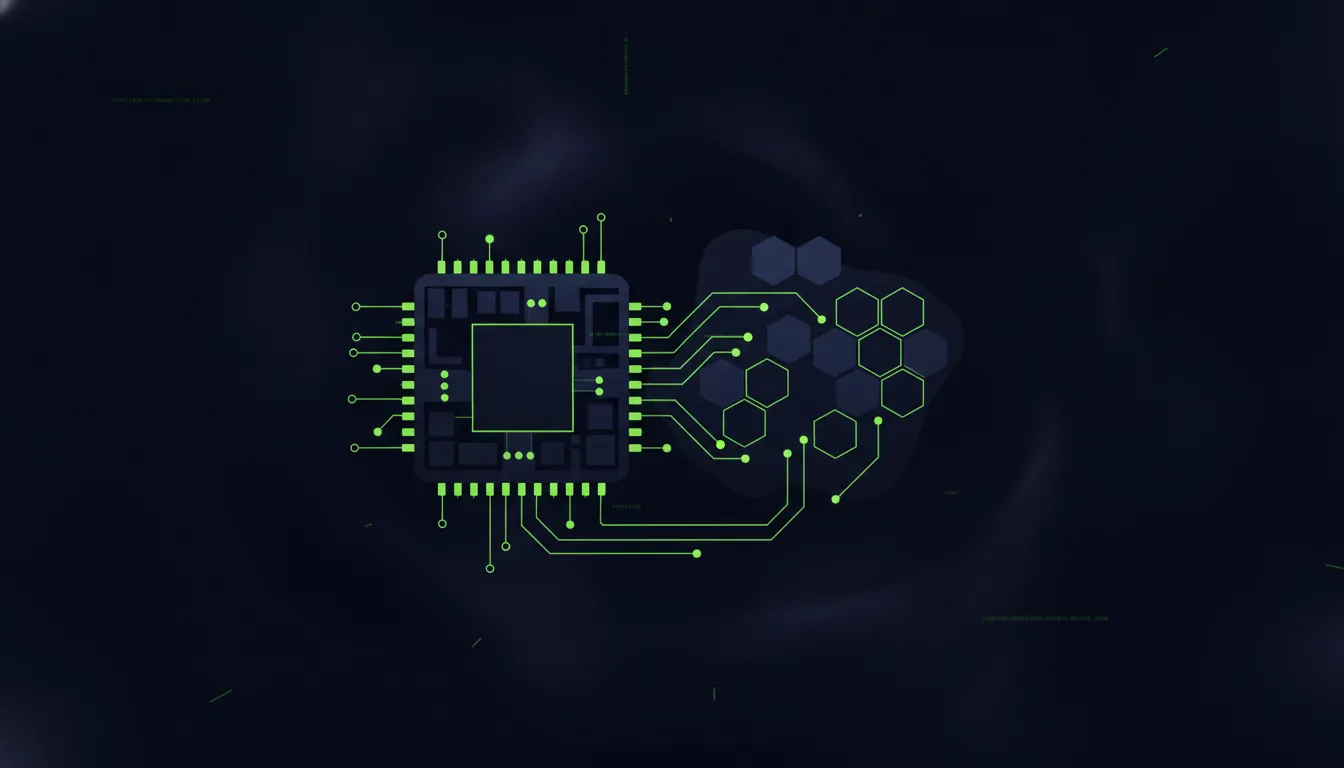A minimalist illustration of a semiconductor chip and an AI neural network node on a dark background.