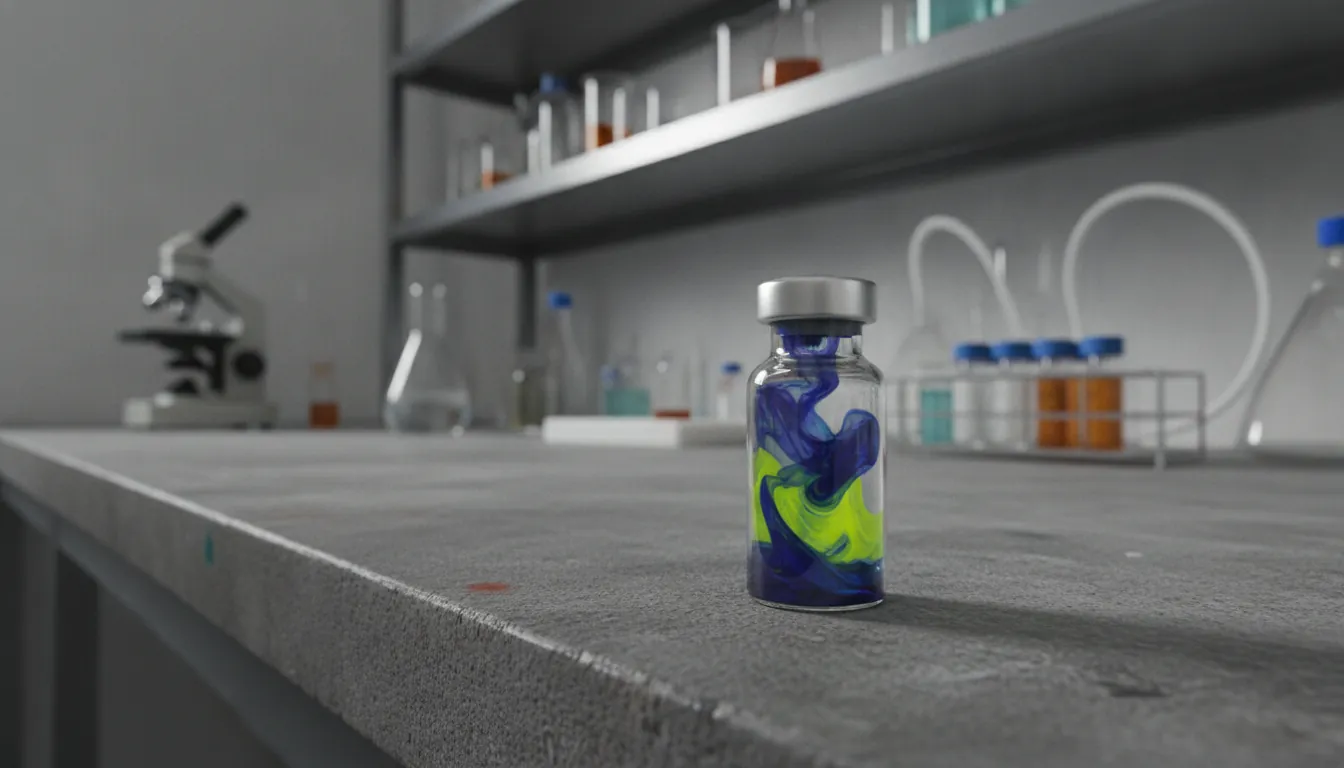A vial of drug compound on a lab bench with equipment in the background.