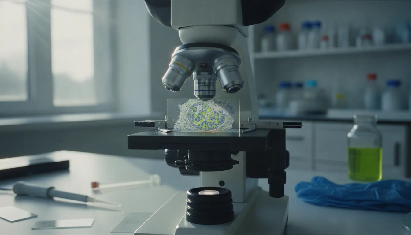 A stained breast tissue sample under a microscope in a clinical lab setting.