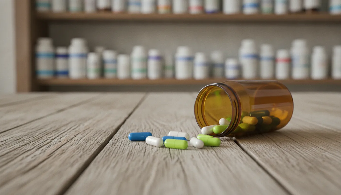 A pill bottle with capsules on a wooden surface in a pharmacy setting.