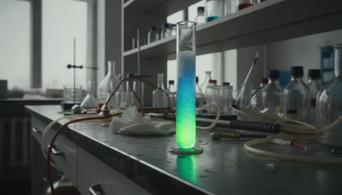 A test tube with a bubbling chemical solution on a laboratory bench