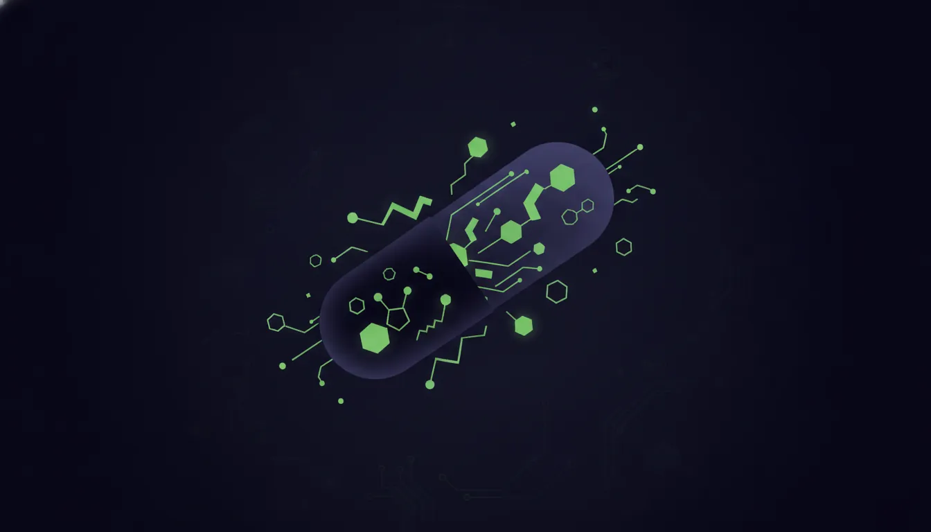A minimalist representation of a pill and an API silhouette in a dark color scheme.