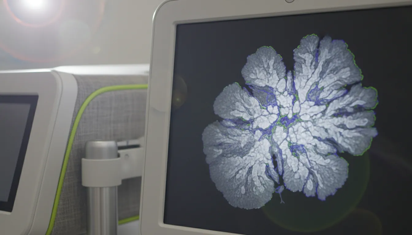 Close-up of a lung nodule on a medical imaging screen in a clinical setting.