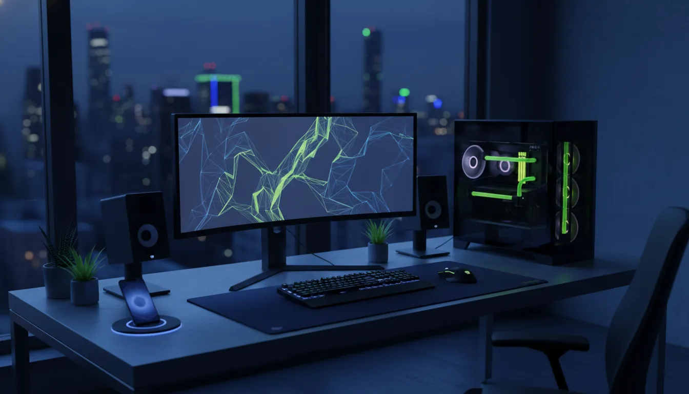 A modern tech office desk with computer hardware in a dimly lit setting