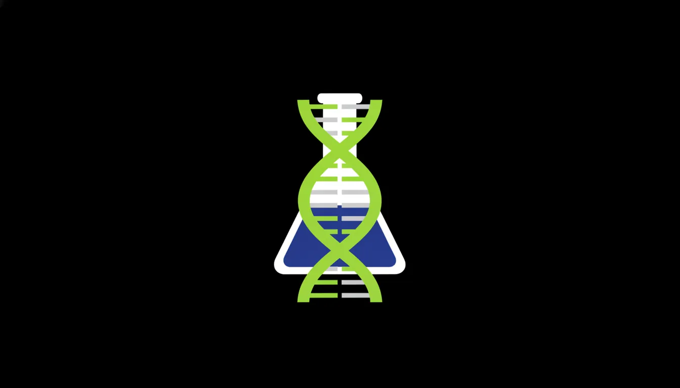 A minimalist illustration of a DNA strand and laboratory flask in flat design.