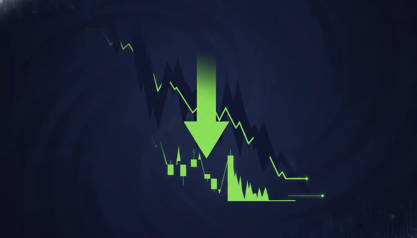 A minimalist representation of a stock chart with a downward arrow in a dark palette.