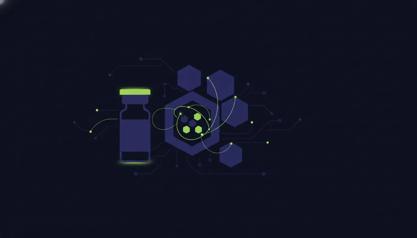 A minimalist illustration of a vaccine vial and a cell on a dark background.