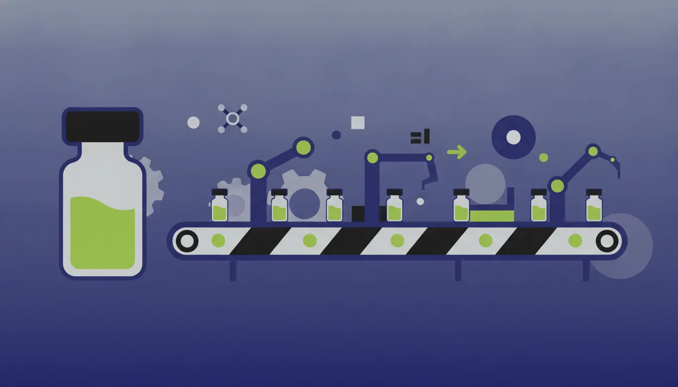 A minimalist illustration of a vaccine vial and production line in flat design.