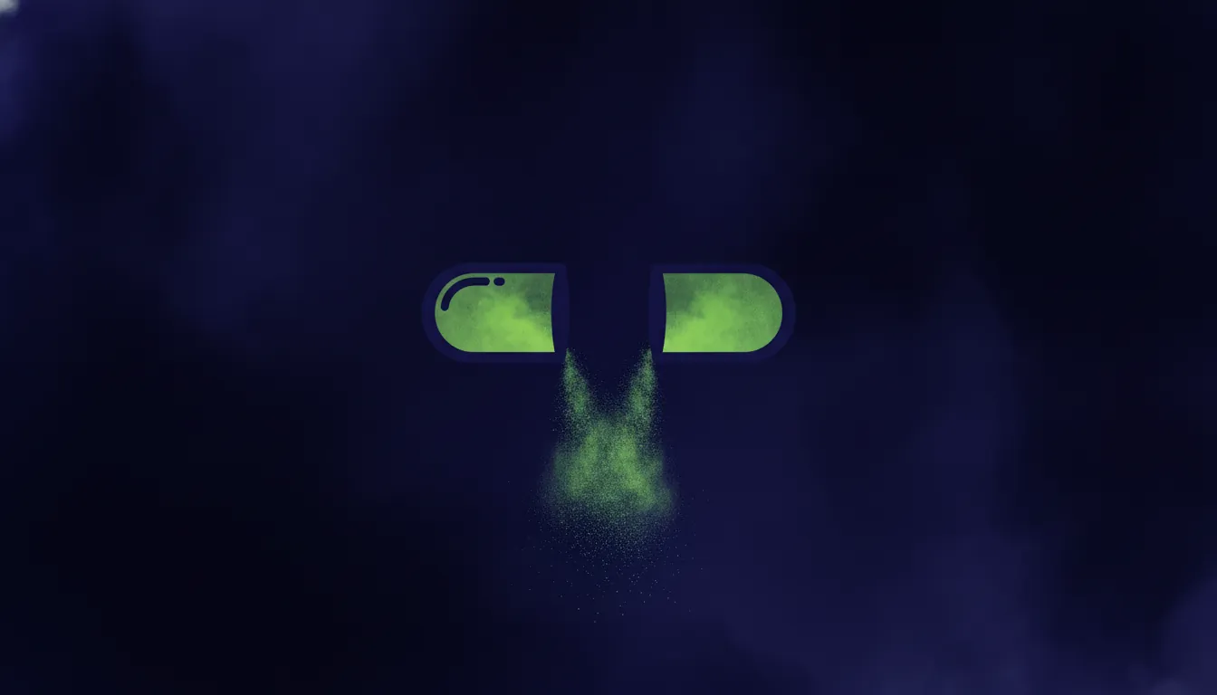Minimalist illustration of a pill capsule split open