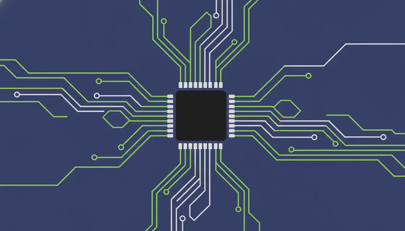 Flat illustration of a computer chip representing data analytics in drug development.