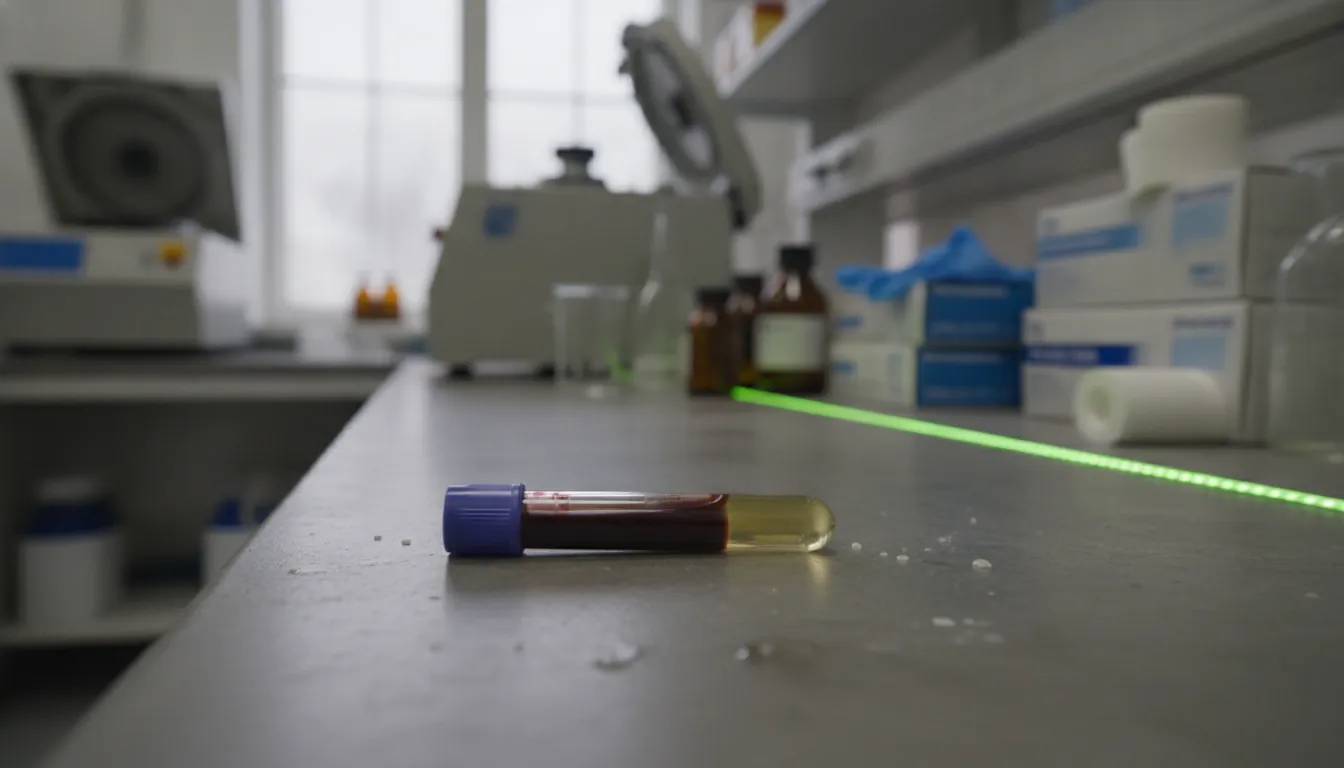 A blood sample in a test tube on a lab bench