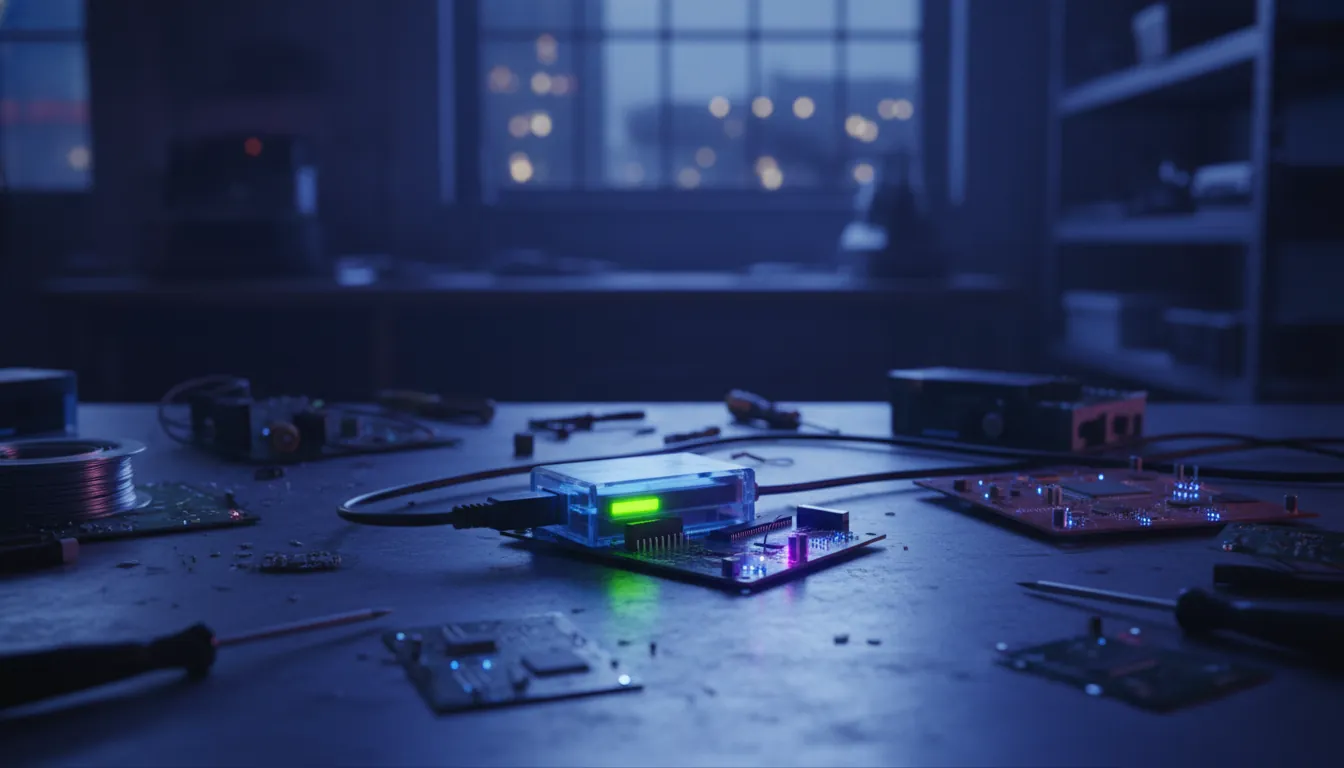 A debug tool on a workbench with circuit boards in a dimly lit workshop.