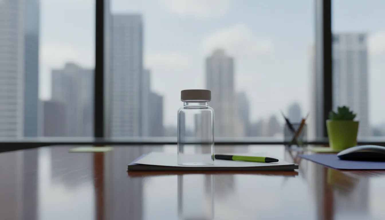 A pill bottle on an office desk with a city view