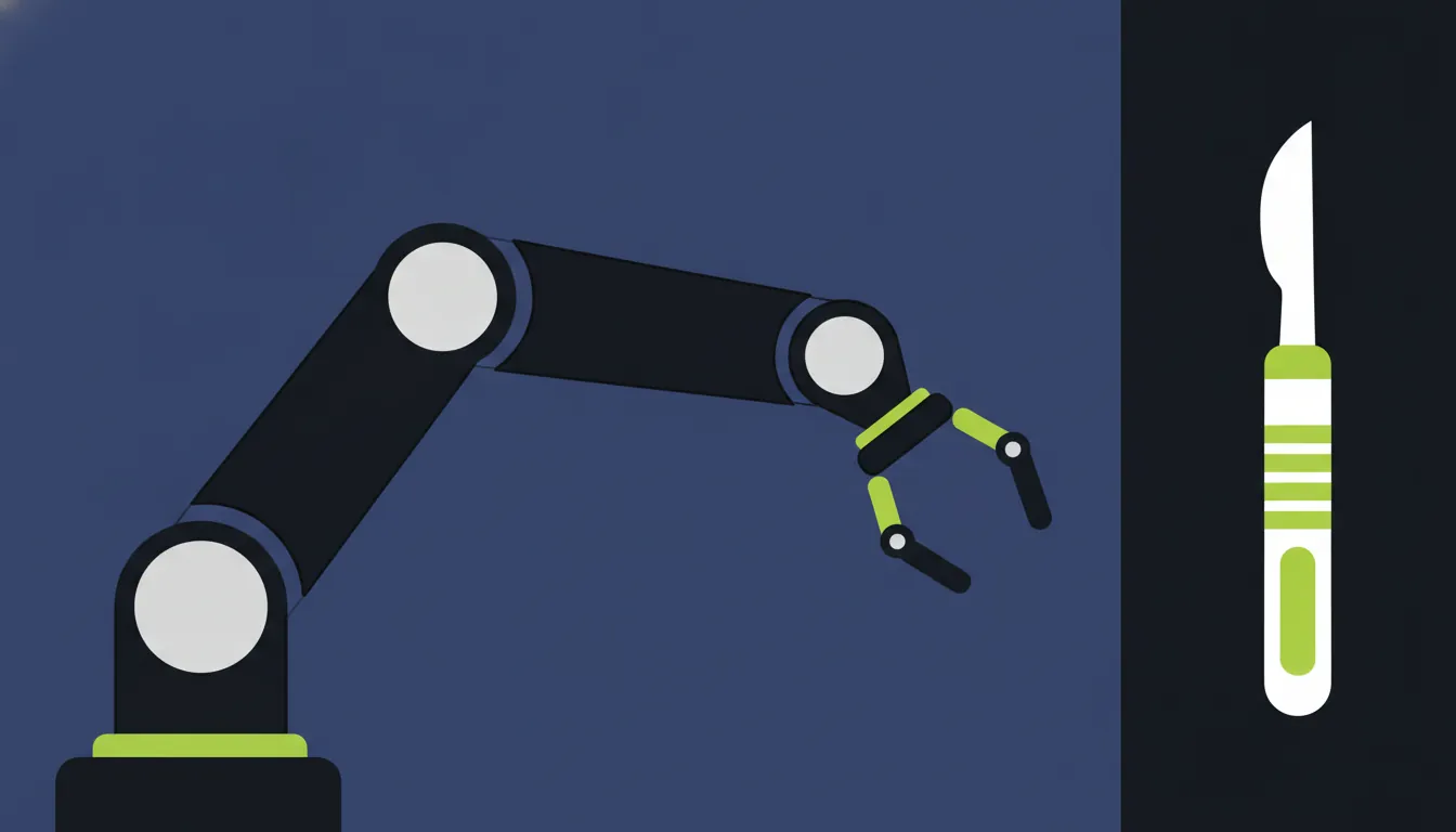 A minimalist illustration of a robotic arm and surgical tool in flat design.