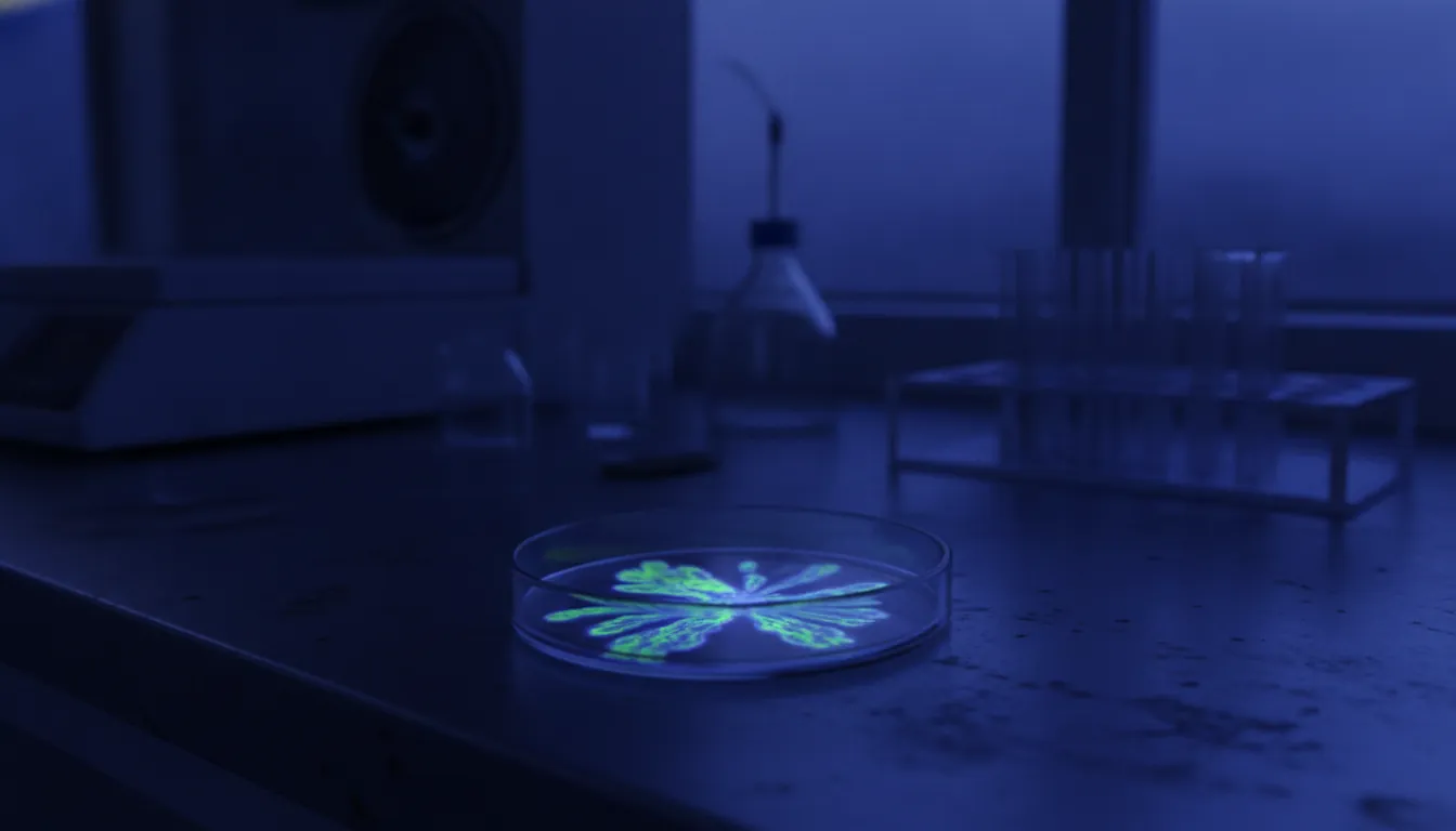 A petri dish with a biological sample in a dimly lit lab setting.