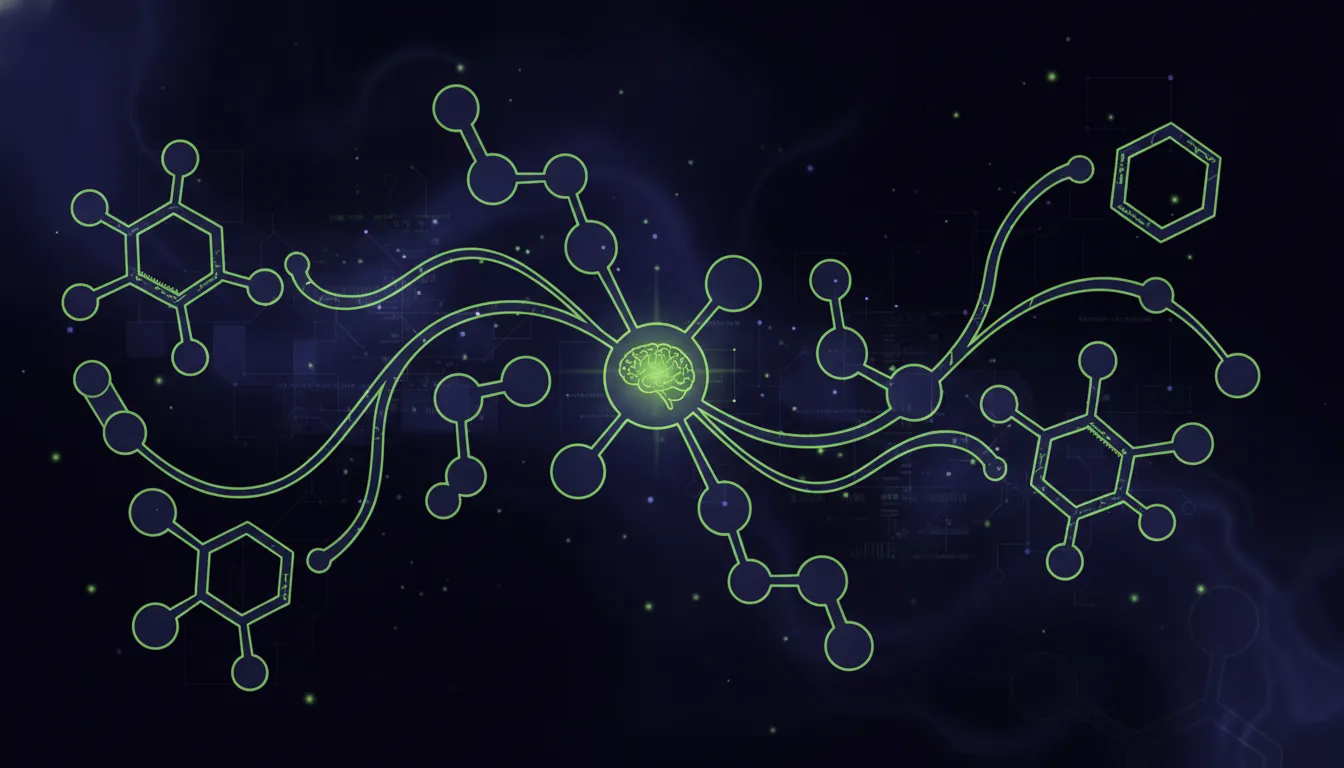 A minimalist representation of a molecular structure in a dark color scheme.