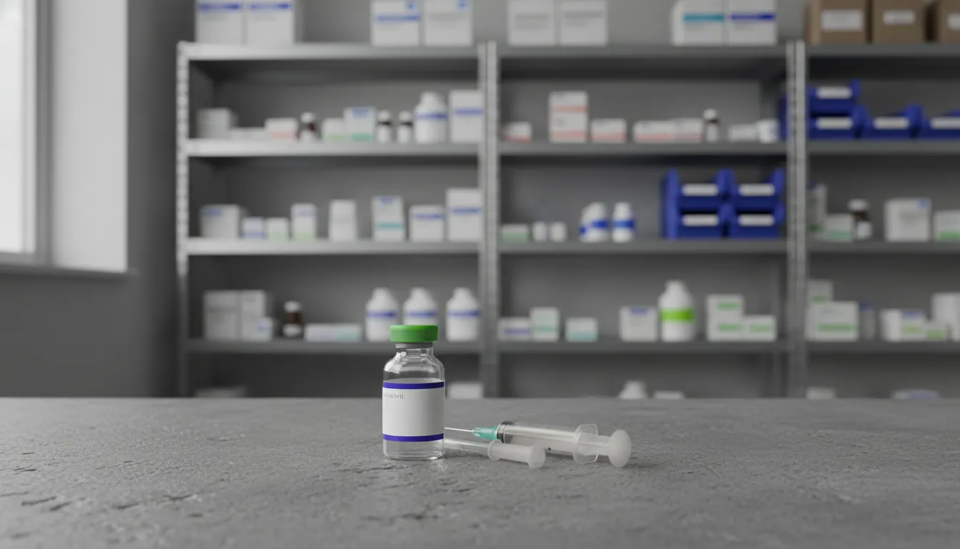 A vial of medication and a syringe on a lab bench in a pharmaceutical setting.