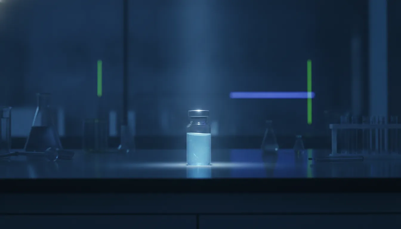 A protein sample on a lab bench in a dimly lit laboratory