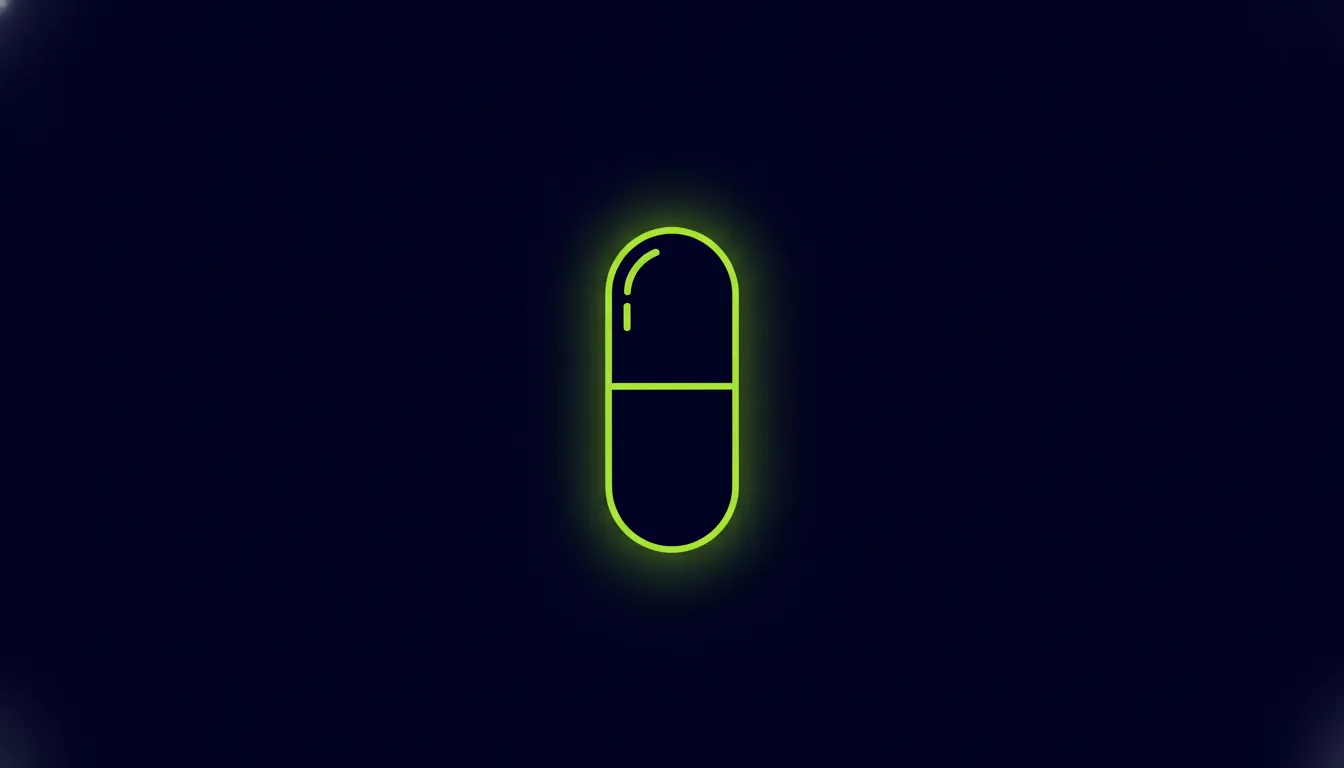 A minimalist illustration of a pill symbolizing drug discovery in a dark color scheme.