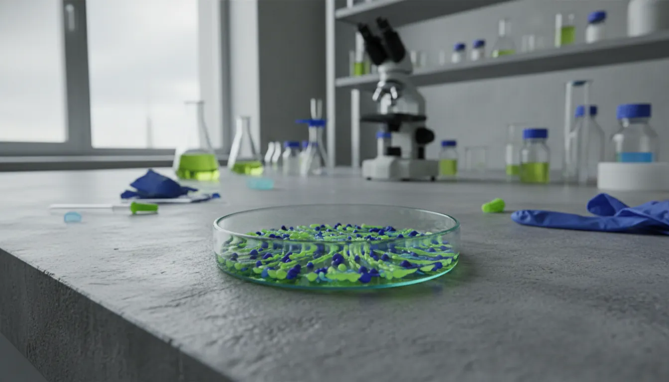 A petri dish with cell culture on a lab bench