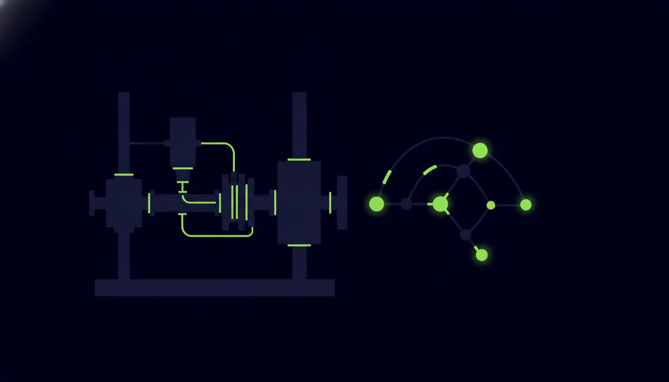 A minimalist representation of a mass spectrometer and a molecule in a dark color scheme.
