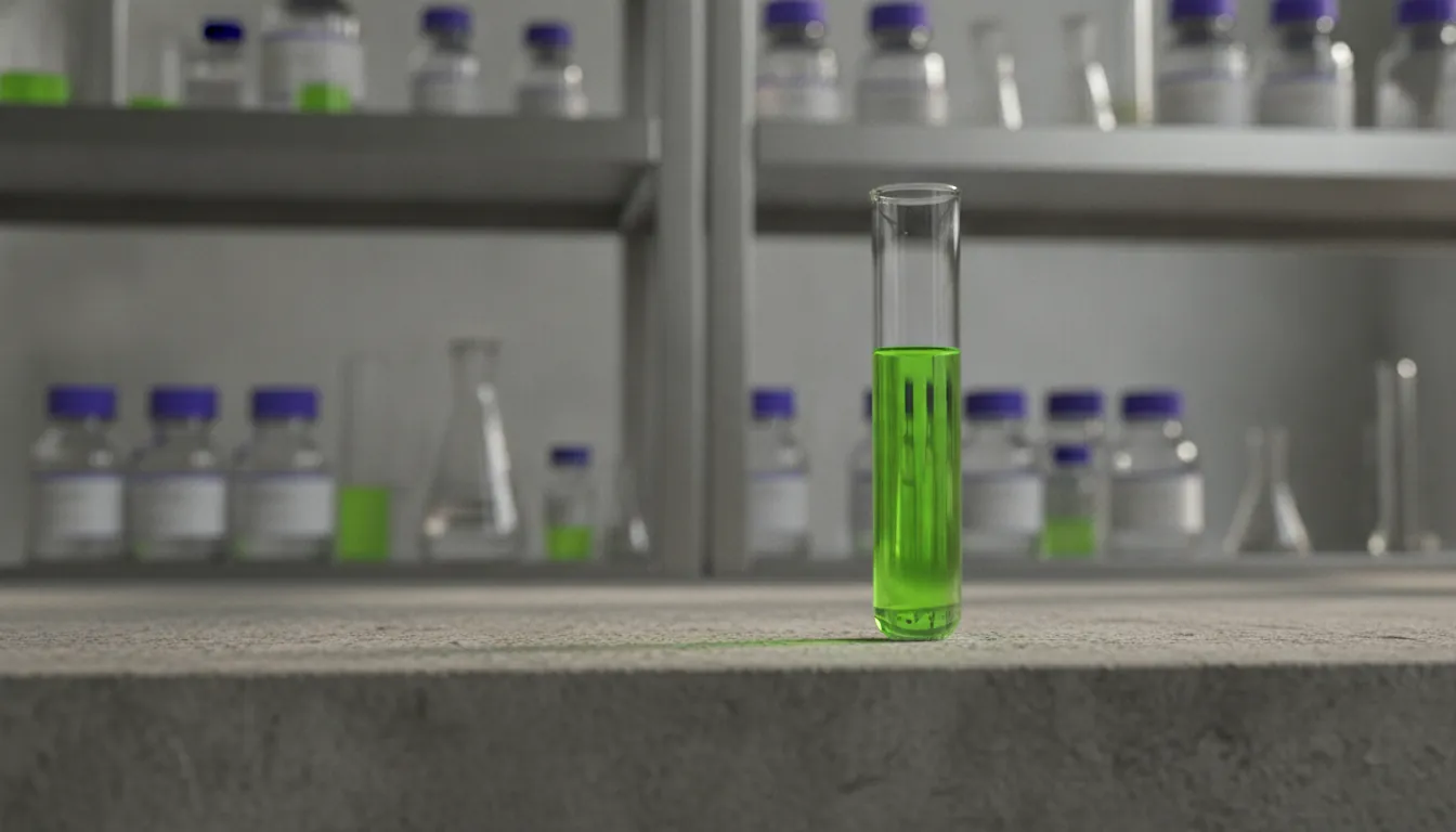 A test tube filled with colorful liquid in a laboratory setting.