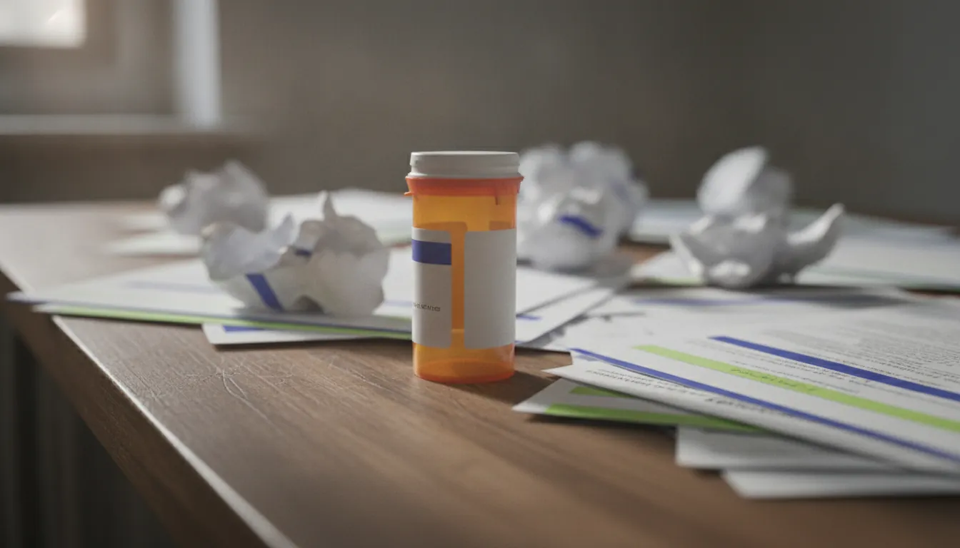 A pill bottle on a laboratory table with clinical trial documents