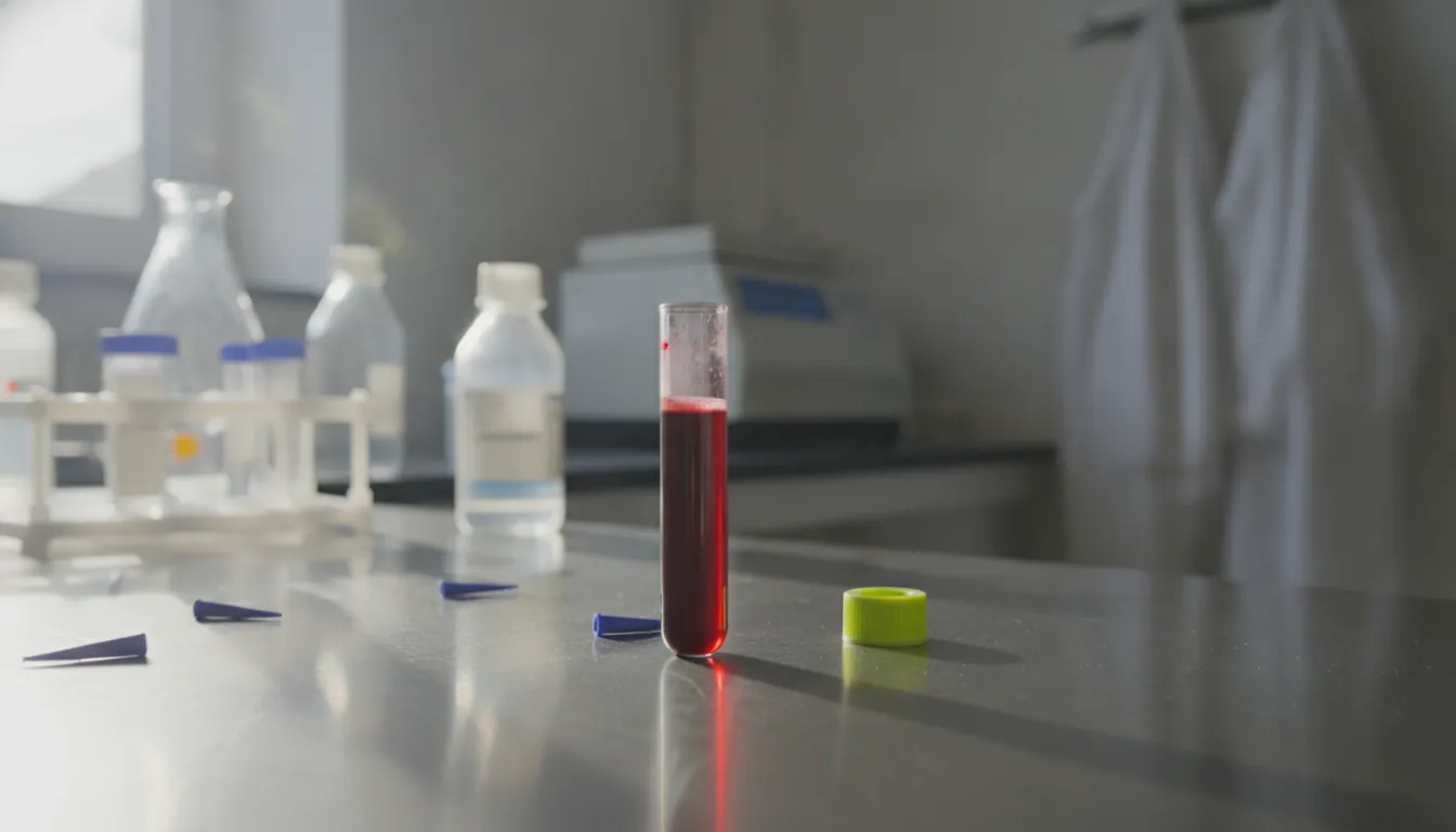 A blood sample in a test tube on a lab bench