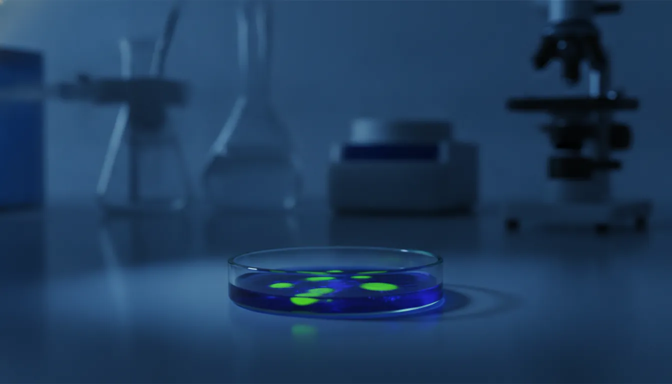 A petri dish with DNA methylation biomarkers in a dimly lit lab setting.
