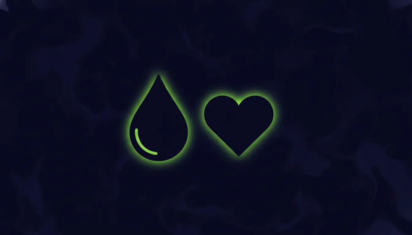 A minimalist illustration of a blood droplet and heart silhouette on a dark background.