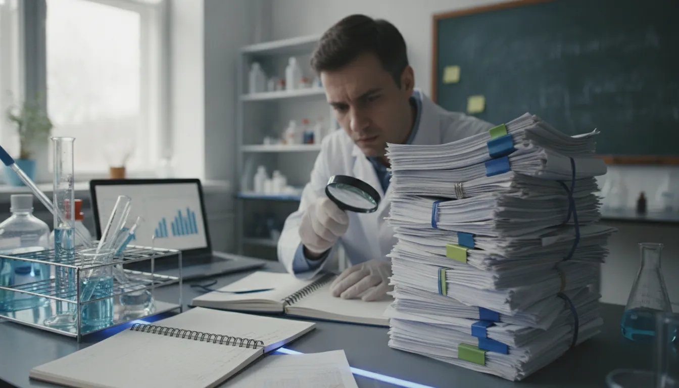 Researcher reviewing regulatory documents in a lab