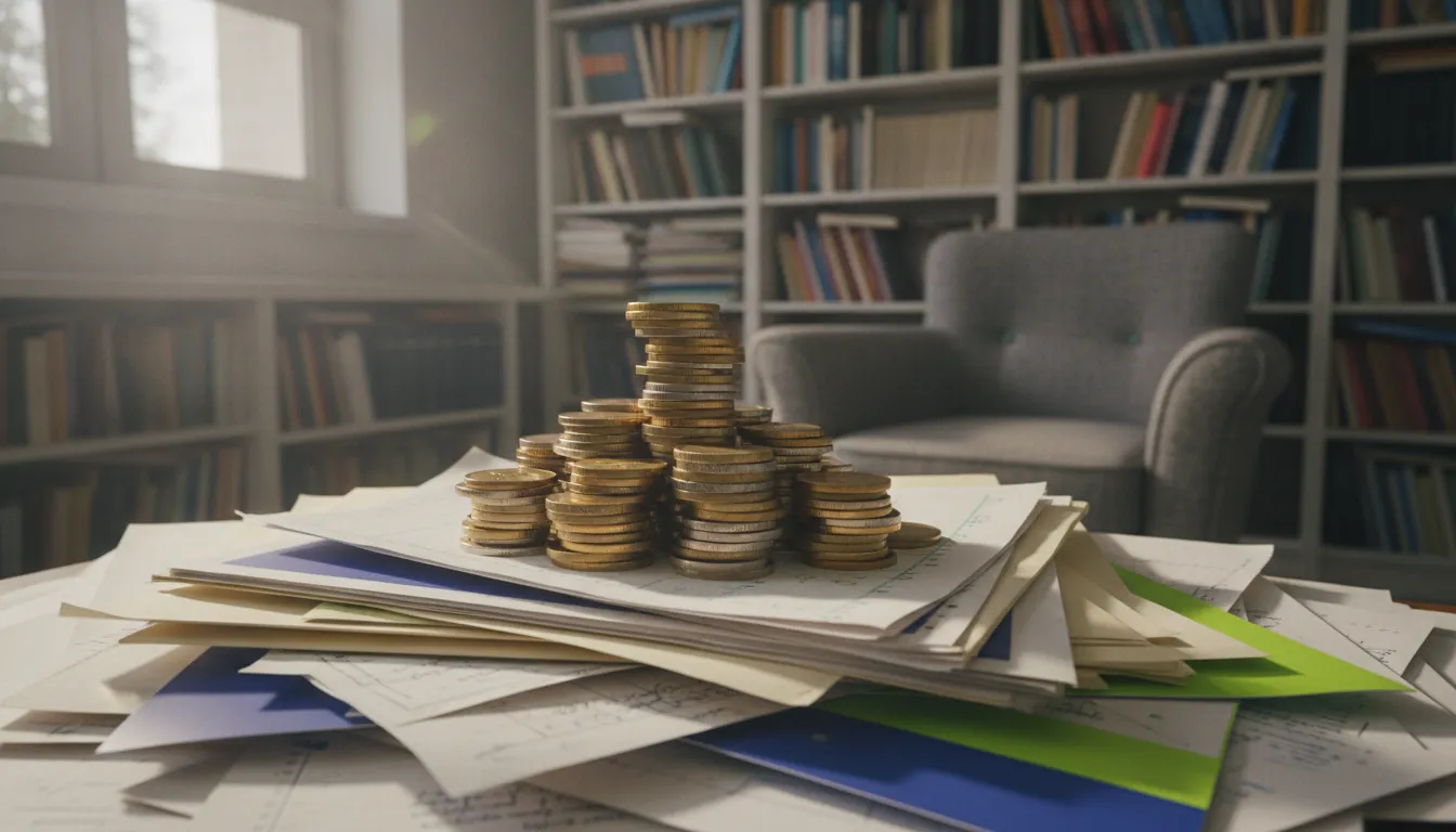 A stack of coins on research papers in a university office setting.