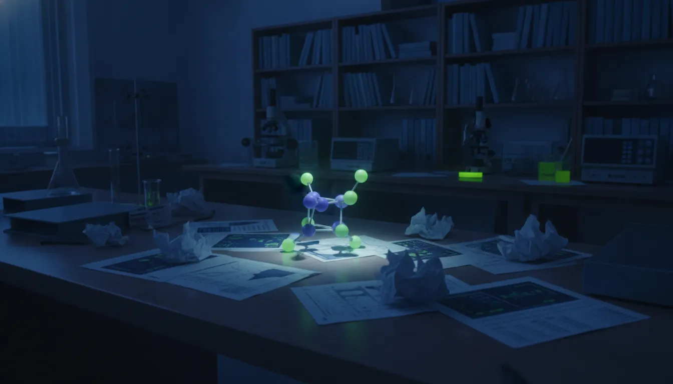A molecular model on a lab bench with simulation data papers in a dimly lit laboratory.