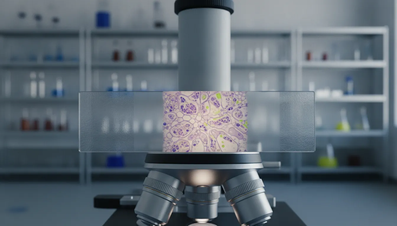 A tissue sample on a microscope slide in a laboratory setting.