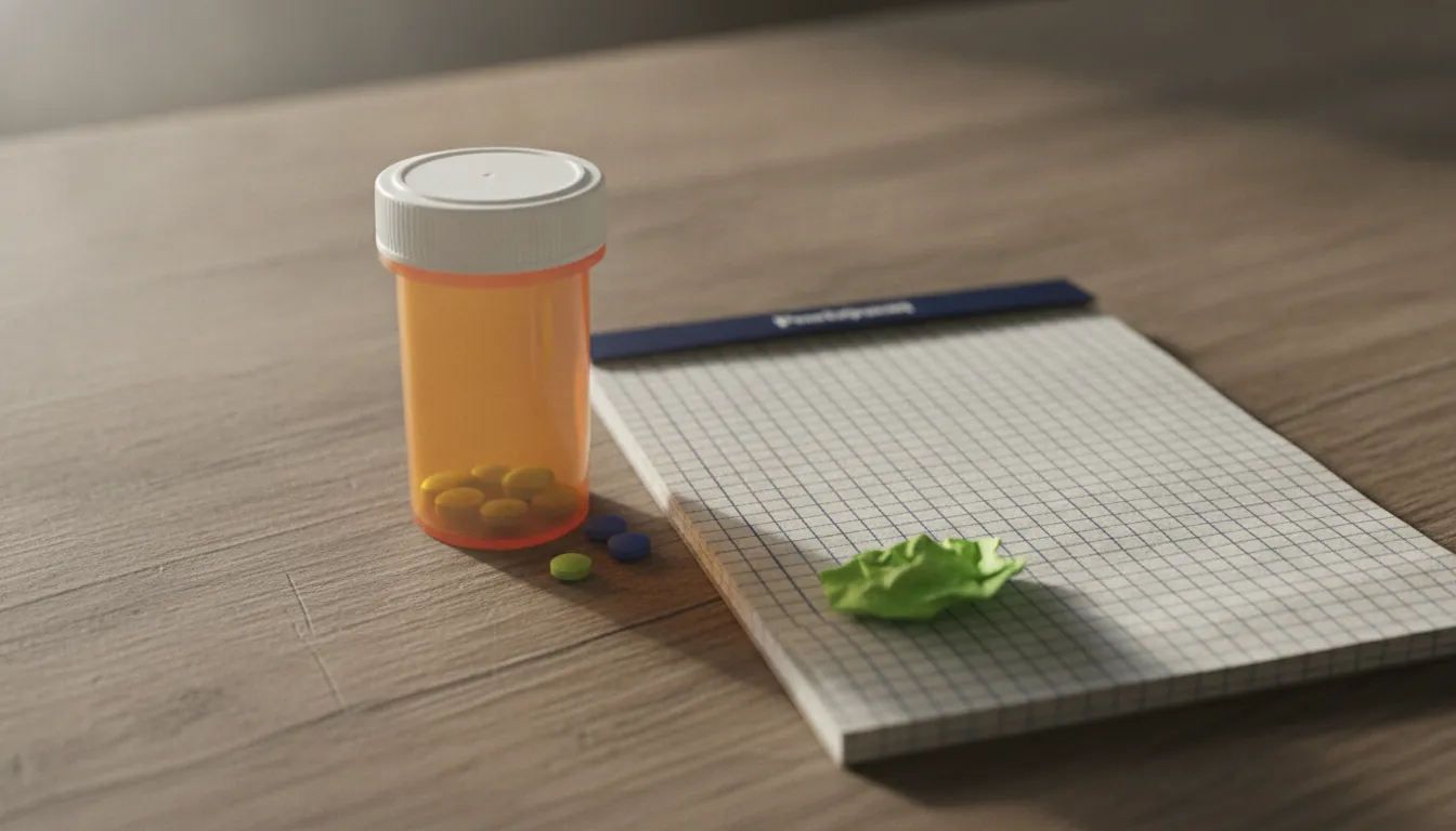 A pill bottle and prescription pad on a wooden desk in a clinical office