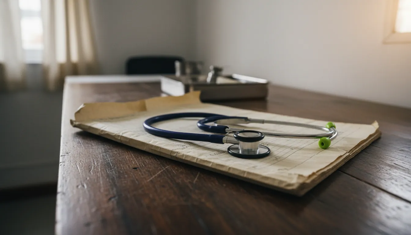 A stethoscope on a patient record in a clinical setting
