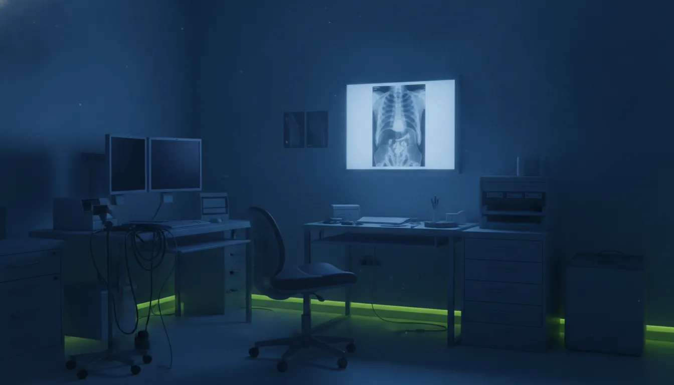 A medical scan on a lightbox in a dimly lit radiology room