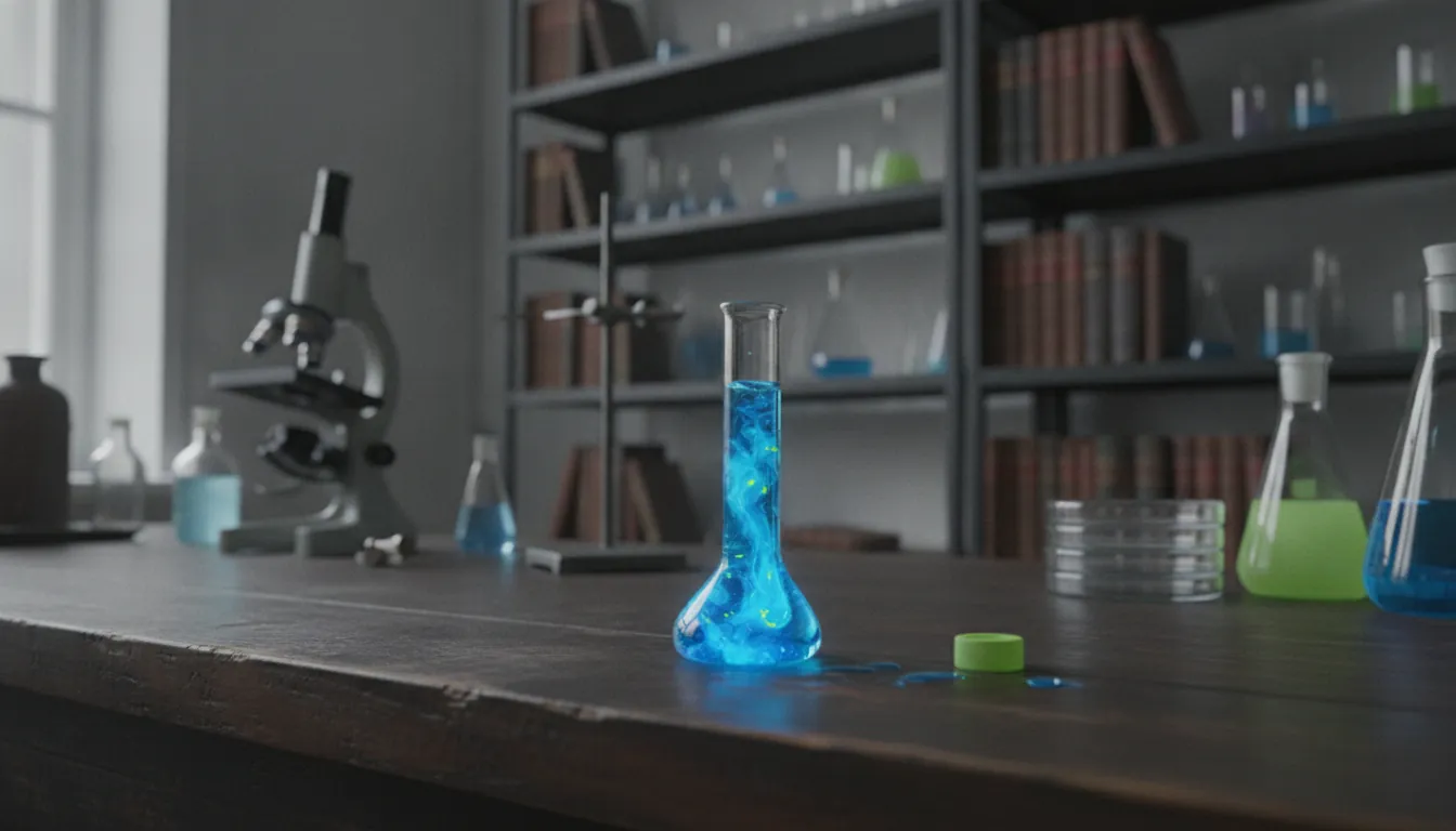 A test tube with a colorful chemical compound in a lab setting