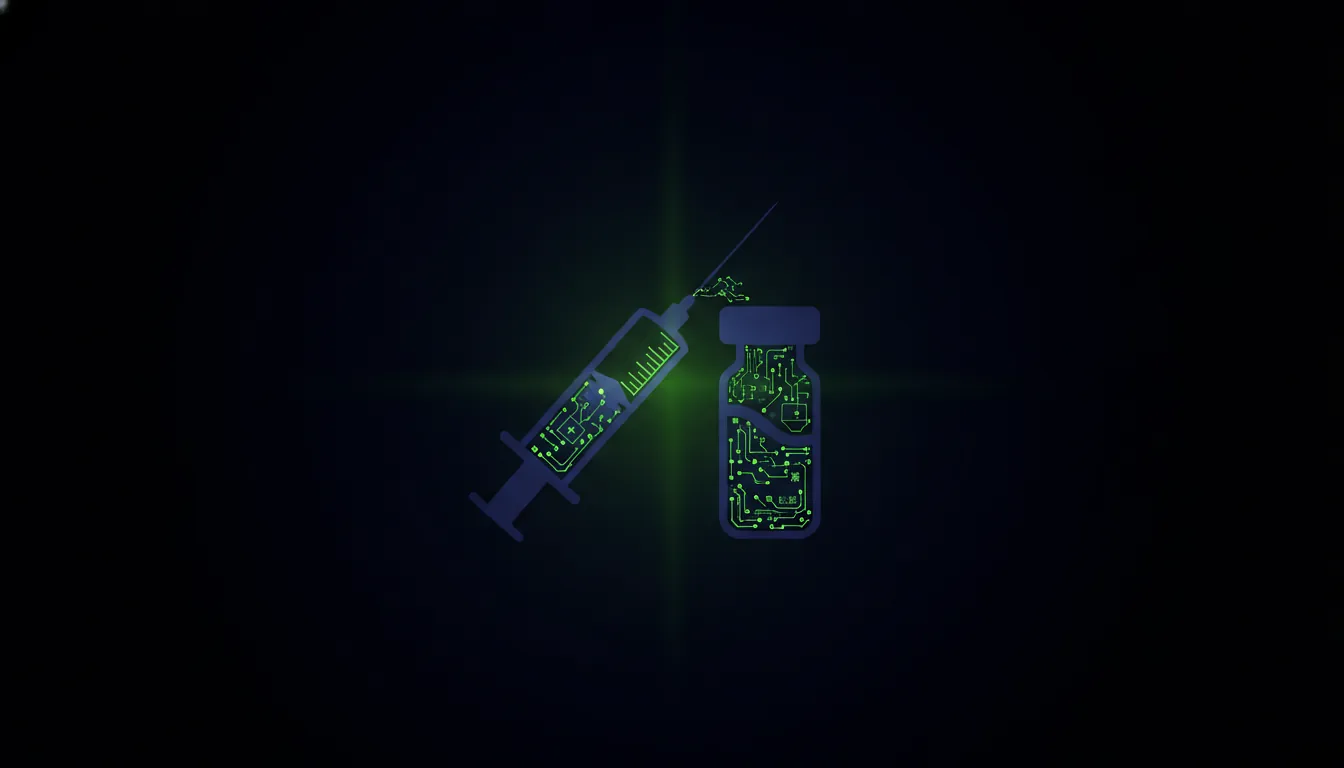 A minimalist representation of a syringe and vial in a dark palette, symbolizing healthcare.