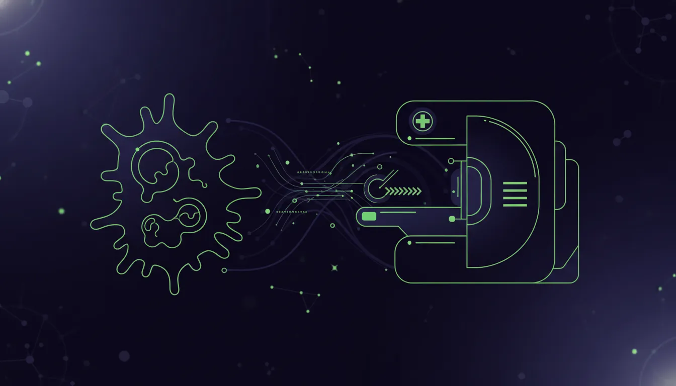 A minimalist illustration of a cancer cell and imaging system on a dark background.
