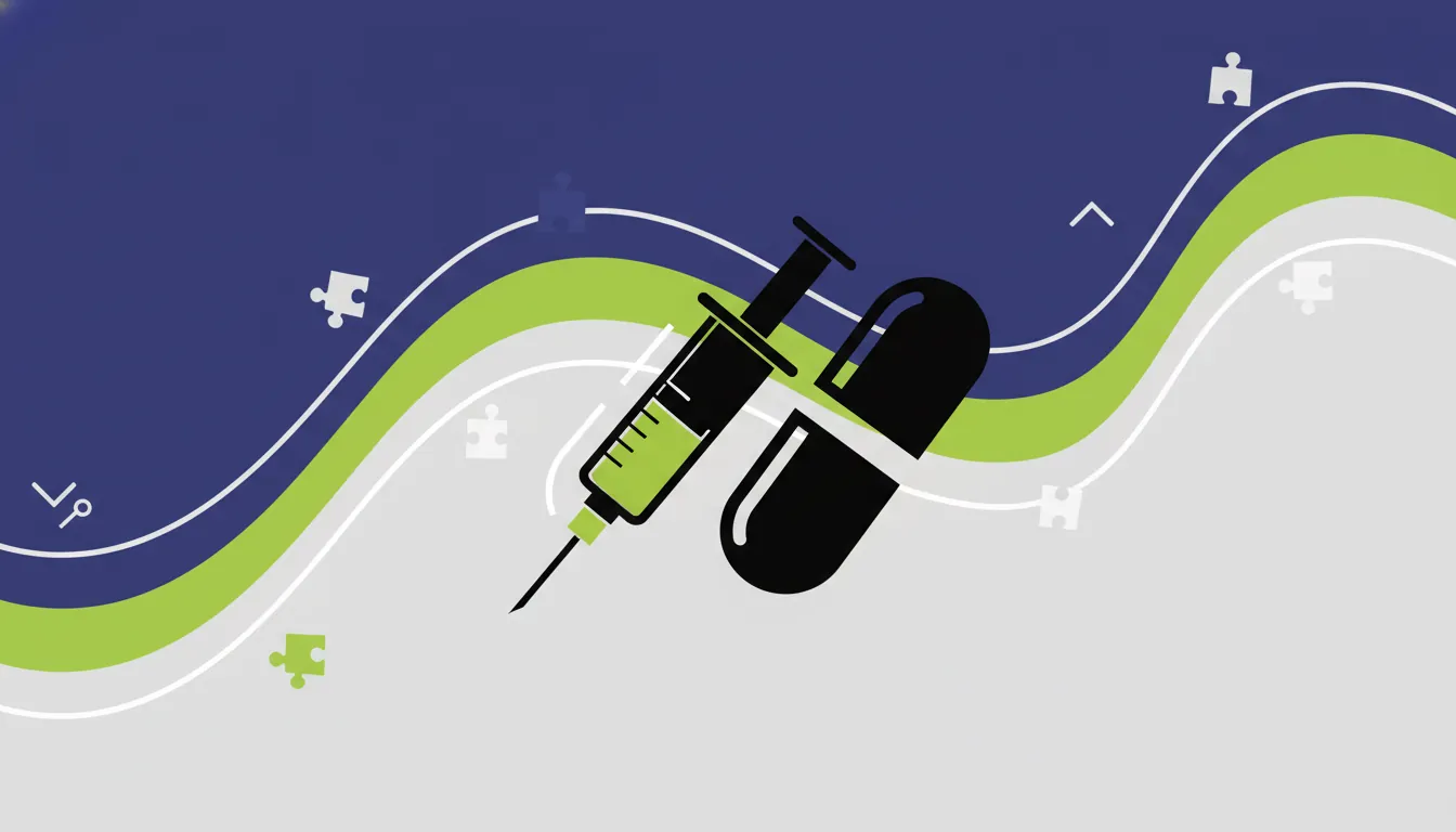 A minimalist representation of a pill and syringe on a solid background, illustrating healthcare in trade negotiations.