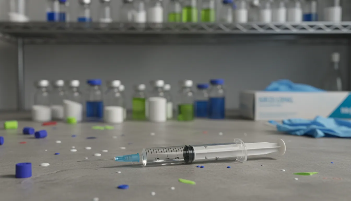 A syringe filled with medication on a lab bench, with shelves of medical supplies in the background.
