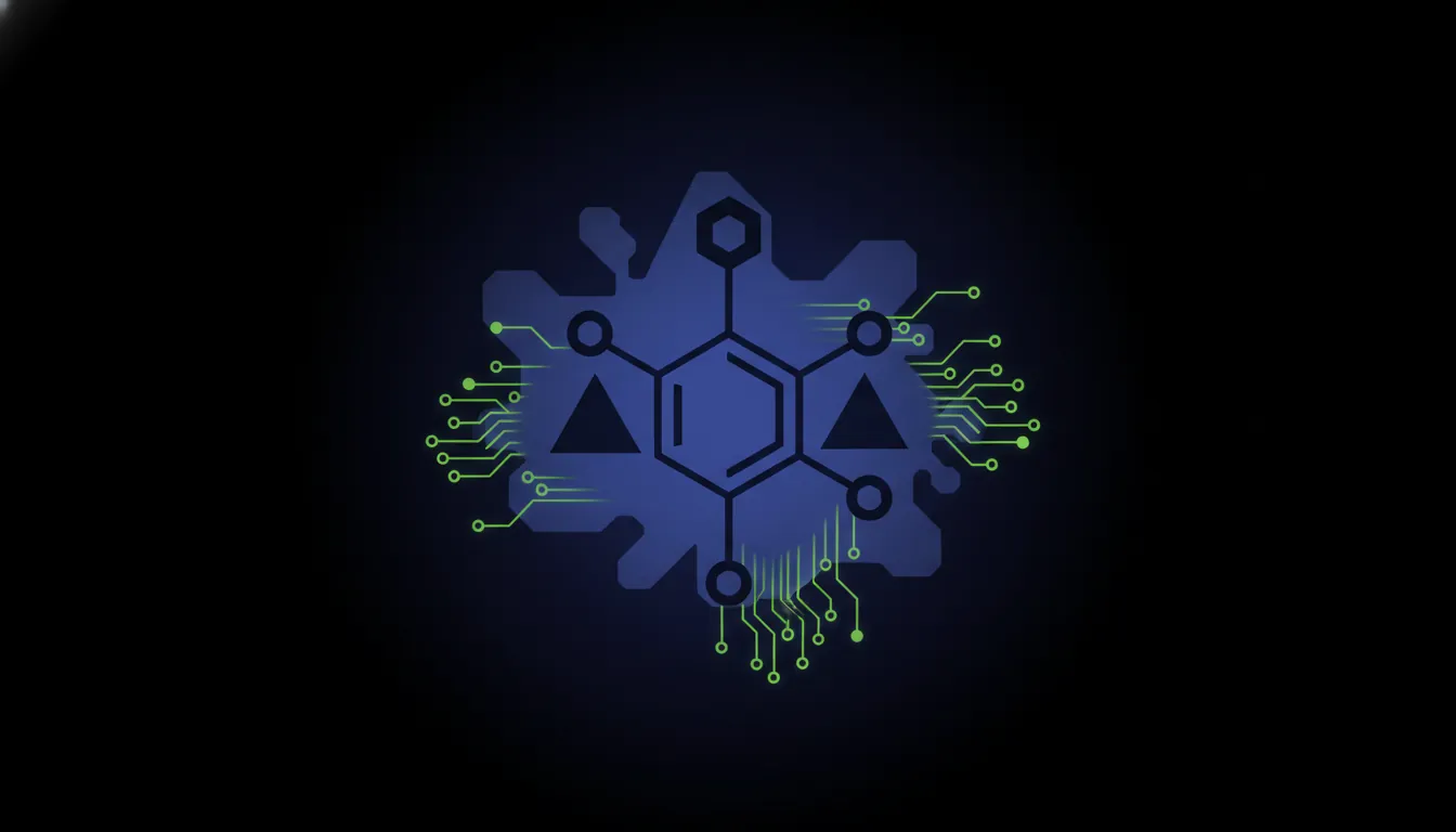 A minimalist representation of a drug compound and AI integration in biotech.