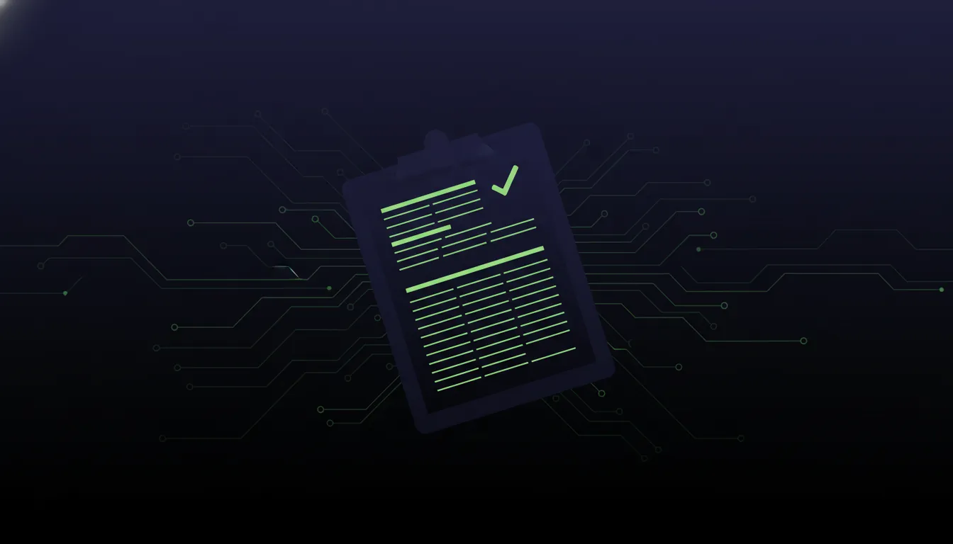 A clipboard with a data sheet in a dark monochromatic style