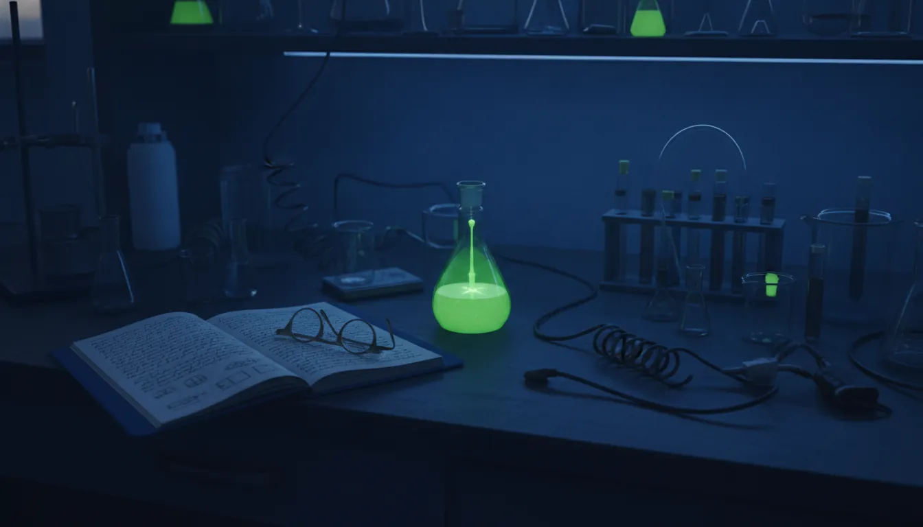 A vial of liquid and a research notebook in a dimly lit lab.