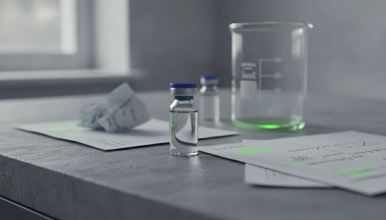 A vial of a drug compound on a laboratory surface with notes and a beaker in the background.
