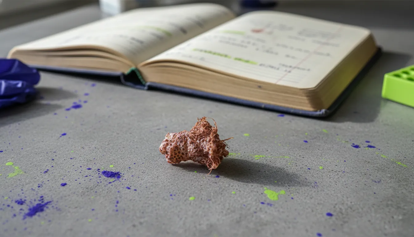A tissue sample on a laboratory countertop with a notebook in the background.