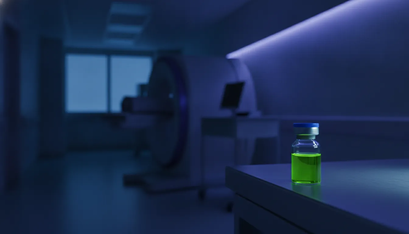 A radiopharmaceutical vial in a dimly lit hospital corridor